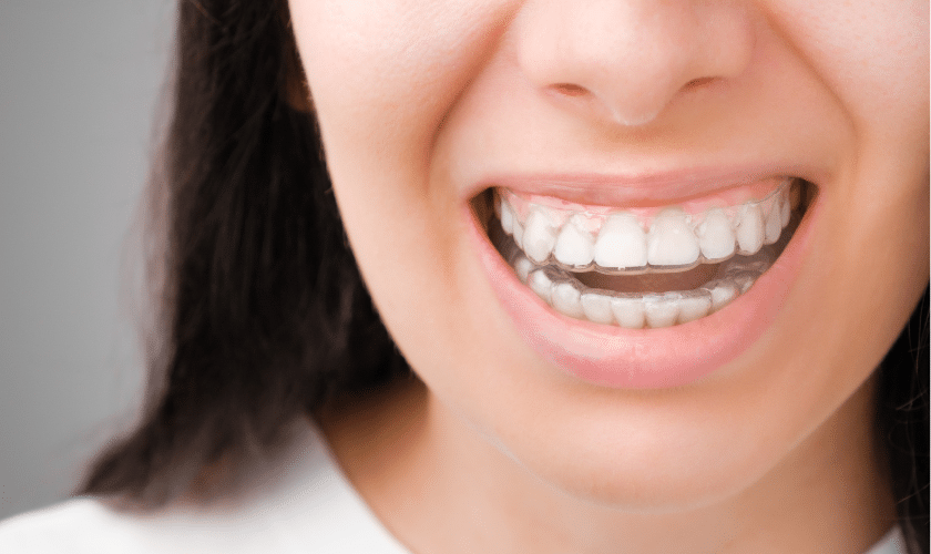 Woman with a bright, healthy smile showing white teeth and proper gum line health.