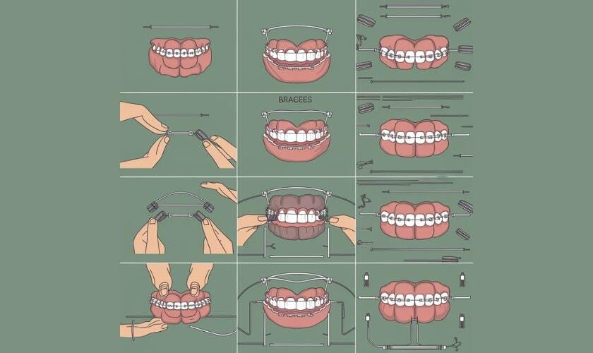 Illustrated guide showing dental braces types, components, and proper placement on upper and lower teeth.