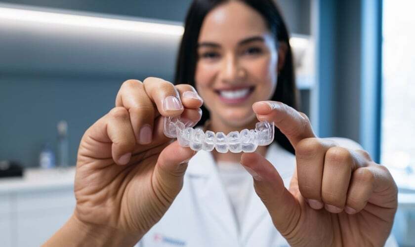 Dentist holding clear Invisalign aligner tray in modern dental office.