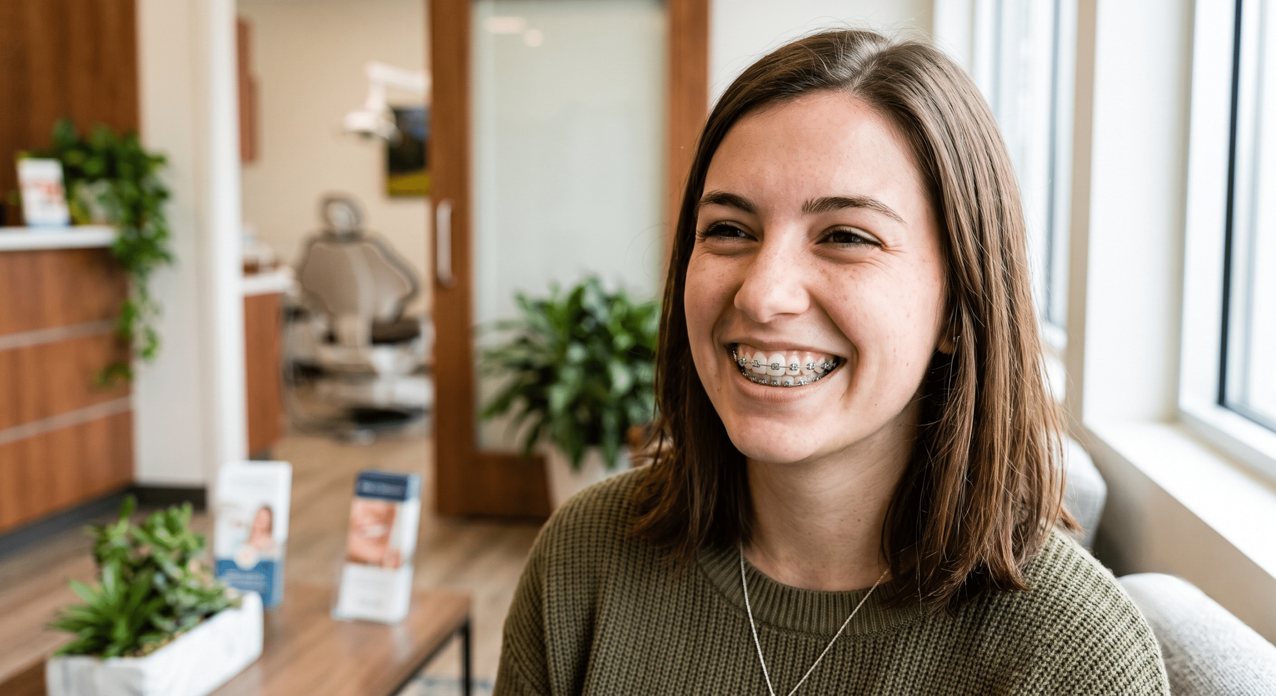 Young woman with braces smiling in a modern dental office setting.
